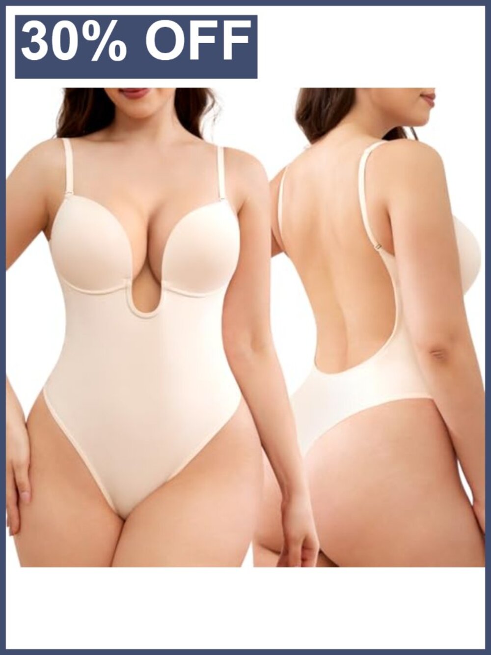 Slimers Backless Shapewear Bodysuit Plunge Tummy Control Thong